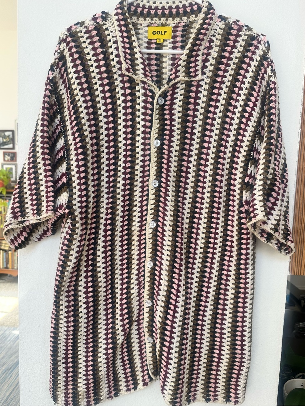 GOLF Wang Crochet Camp Button-Up Shirt - Black, Cream & Pink